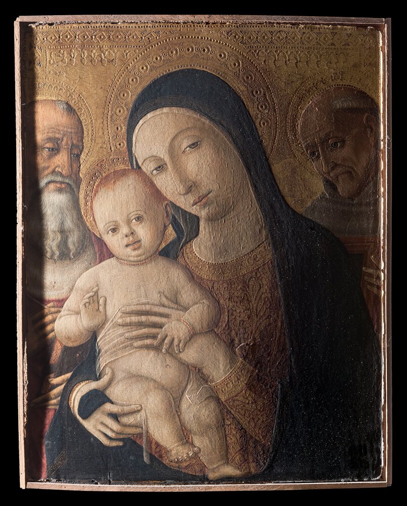 Torino, Galleria Sabauda, M. Di Giovanni, Madonna col Bambino, San Gerolamo e San Bernardino, inv. 18 - prima del restauro, luce radente