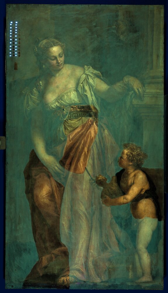 Verbania, Villa San Remigio, P. Caliari (Veronese), Allegory of Sculpture, inv. 40296 - UV analysis during restoration