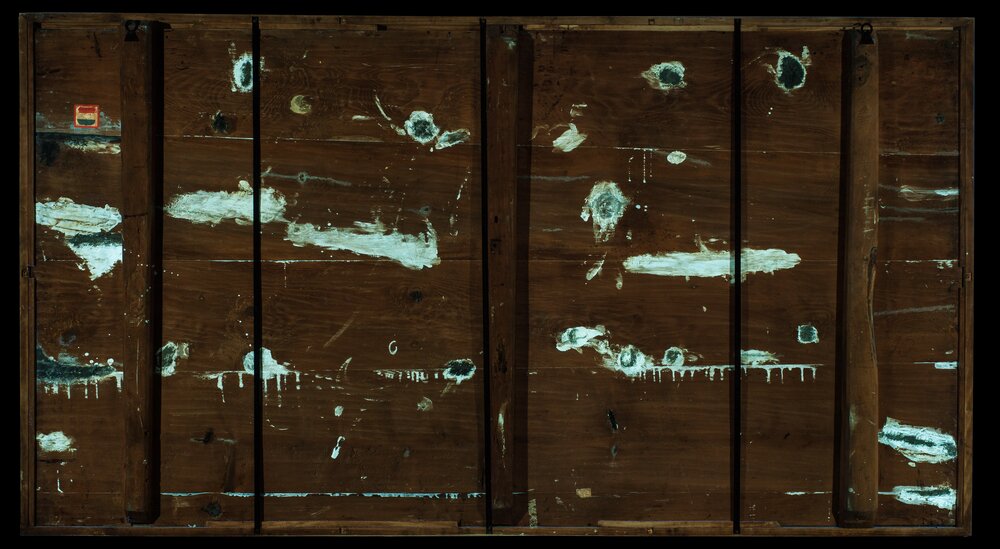 Milano, Pinacoteca di Brera, B. Luini, Il corpo di Santa Caterina d'Alessandria trasportato dagli angeli, inv. 50, verso - analisi UV