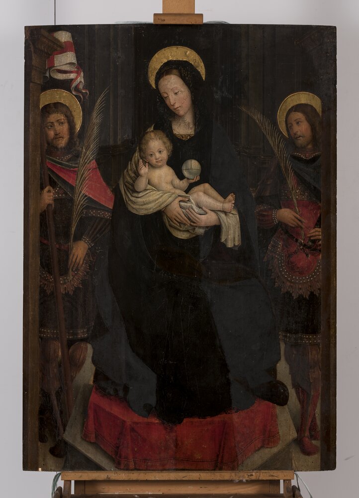 Turin, Museo Civico d'Arte Antica - Palazzo Madama, D. Ferrari, Madonna enthroned with the Child between two holy martyrs, inv. 439-D - during restoration