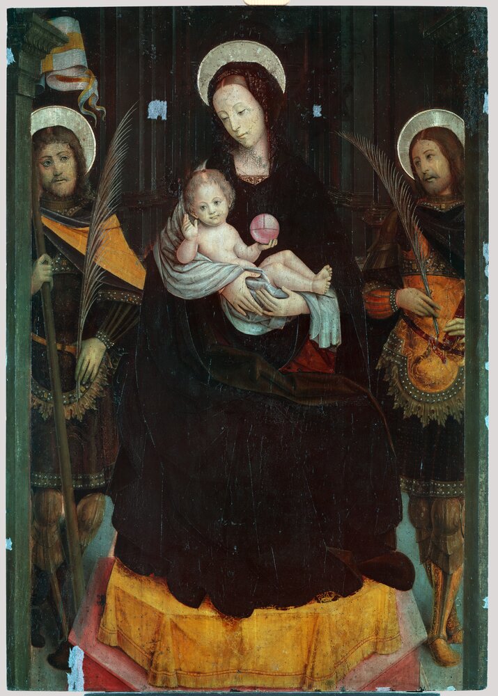 Turin, Museo Civico d'Arte Antica - Palazzo Madama, D. Ferrari, Madonna enthroned with the Child between two holy martyrs, inv. 439-D - Infrared in false color (950nm)