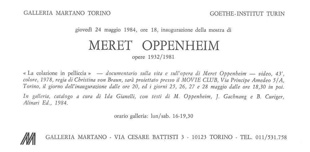 Meret Oppenheim. Maggio - Giugno 1984