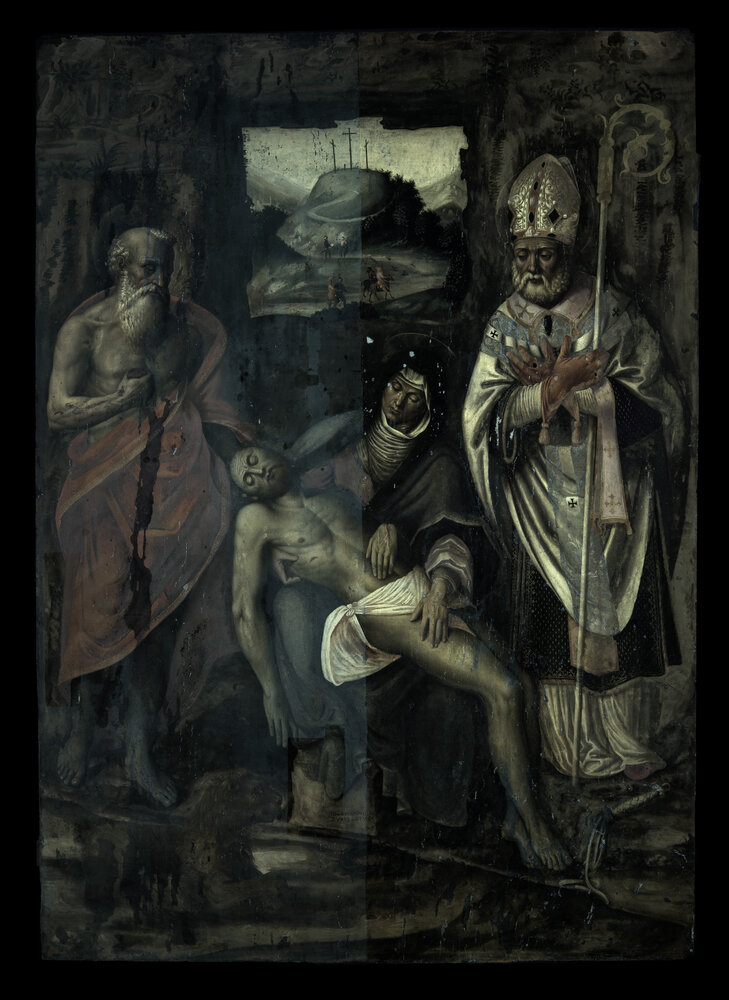 Paderno d'Adda, Parish Church of Santa Maria Assunta, G. A. Della Torre, Pietà tra i santi Ambrogio e Girolamo, Reg. Cron. 7841 - UV fluorescence half-cleaning