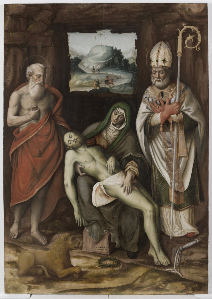 Paderno d'Adda, Parish Church of Santa Maria Assunta, G. A. Della Torre, Pietà tra i santi Ambrogio e Girolamo, Reg. Cron. 7841 - after restoration