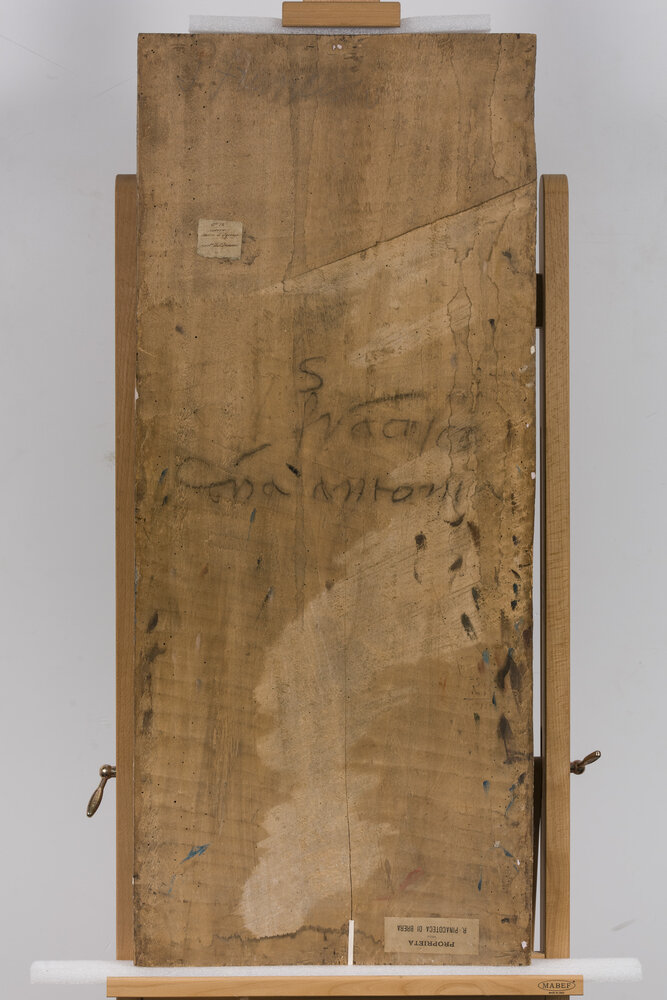 Milano, Pinacoteca di Brera, M. d'Oggiono, San Francesco e Bona Bevilacqua Trivulzio (o Antonia Pallavicini), verso - durante il restauro