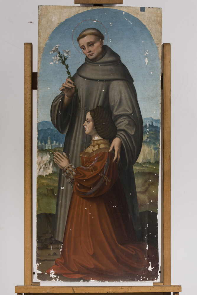 Milano, Pinacoteca di Brera, M. d'Oggiono,  Sant’Antonio da Padova e Giulia Trivulzio (o Lucia Bevilacqua) - durante il restauro