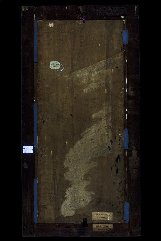 Milano, Pinacoteca di Brera, M. d'Oggiono, San Francesco e Bona Bevilacqua Trivulzio (o Antonia Pallavicini), verso - analisi UV