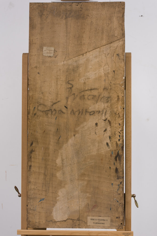 Milano, Pinacoteca di Brera, M. d'Oggiono, San Francesco e Bona Bevilacqua Trivulzio (o Antonia Pallavicini), verso - durante il restauro