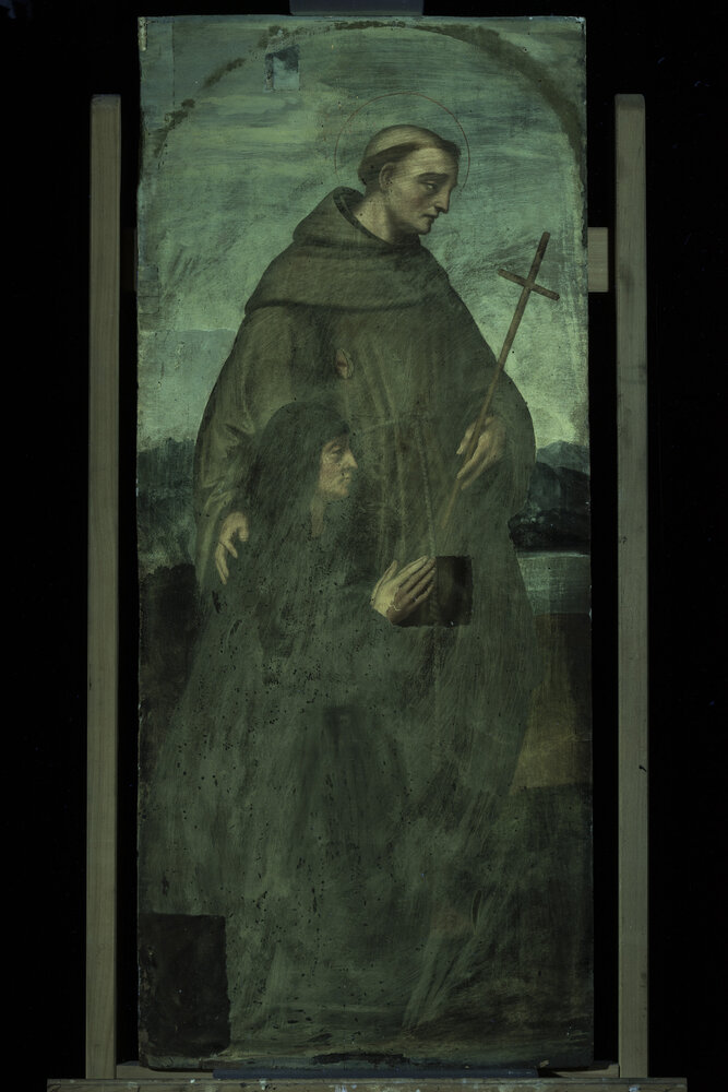 Milano, Pinacoteca di Brera, M. d'Oggiono, San Francesco e Bona Bevilacqua Trivulzio (o Antonia Pallavicini) - analisi UV durante il restauro