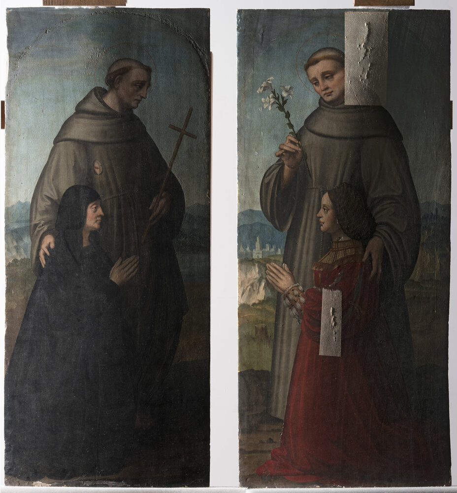Milano, Pinacoteca di Brera, M. d'Oggiono, San Francesco e Bona Bevilacqua Trivulzio (o Antonia Pallavicini), a sinistra; Sant’Antonio da Padova e Giulia Trivulzio (o Lucia Bevilacqua), a destra - durante il restauro luce radente