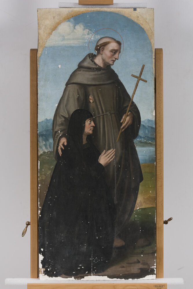 Milano, Pinacoteca di Brera, M. d'Oggiono, San Francesco e Bona Bevilacqua Trivulzio (o Antonia Pallavicini) - durante il restauro
