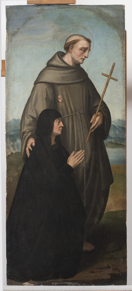 Milano, Pinacoteca di Brera, M. d'Oggiono, San Francesco e Bona Bevilacqua Trivulzio (o Antonia Pallavicini) - durante il restauro