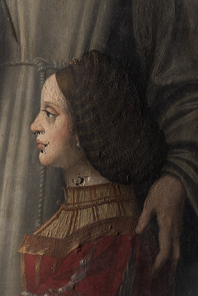 Milano, Pinacoteca di Brera, M. d'Oggiono, Sant’Antonio da Padova e Giulia Trivulzio (o Lucia Bevilacqua), a destra - durante il restauro