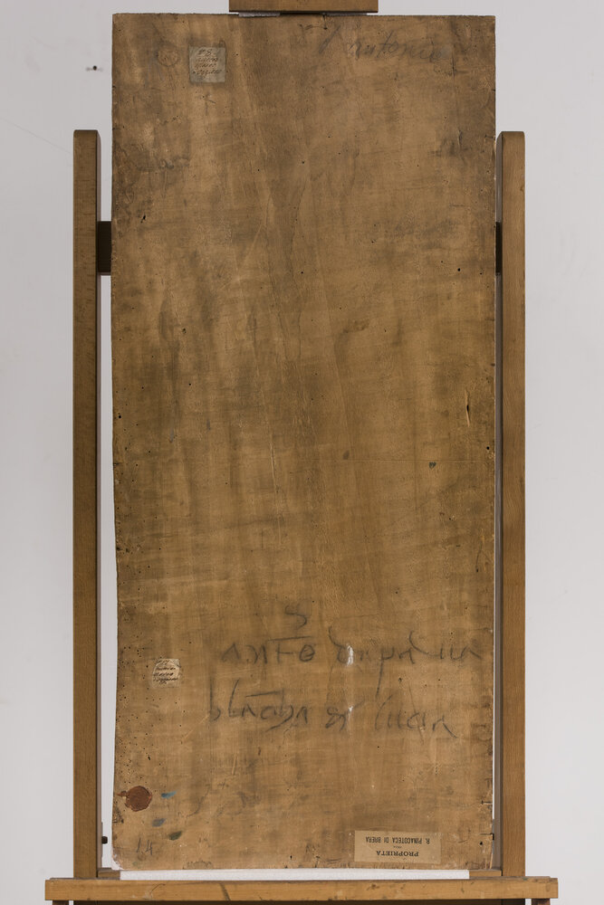Milano, Pinacoteca di Brera, M. d'Oggiono,  Sant’Antonio da Padova e Giulia Trivulzio (o Lucia Bevilacqua), verso - durante il restauro