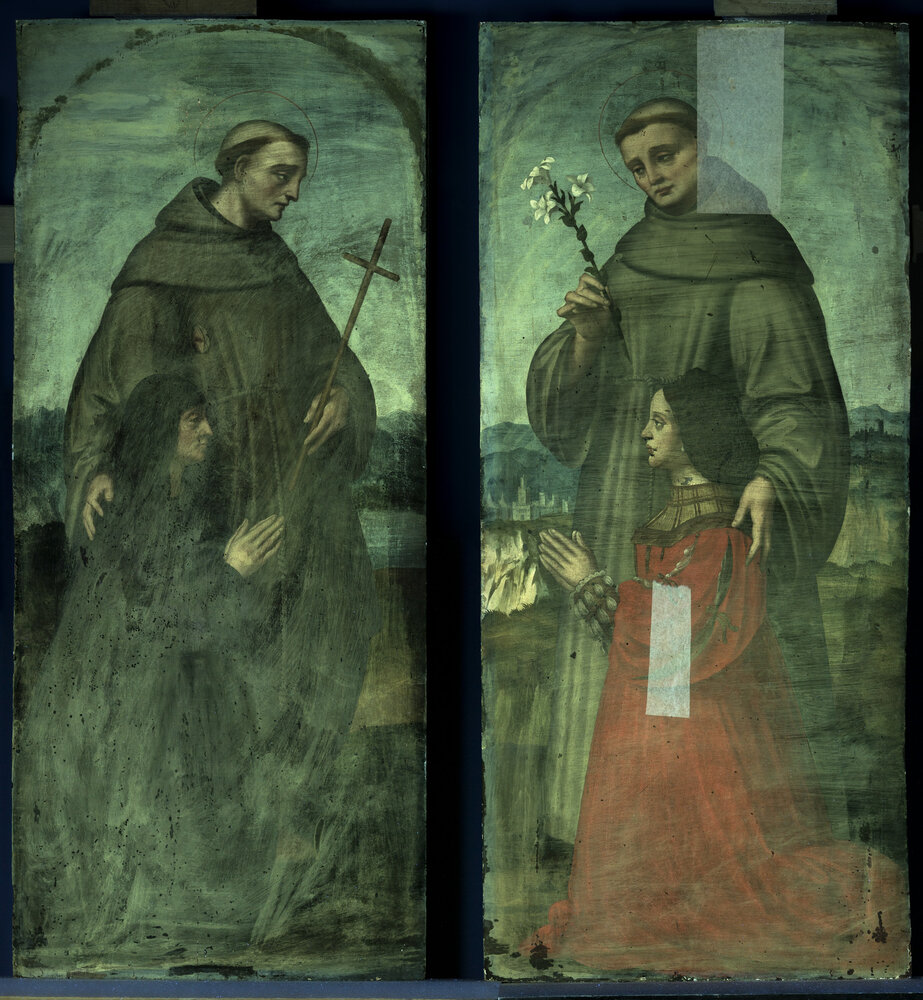 Milano, Pinacoteca di Brera, M. d'Oggiono, San Francesco e Bona Bevilacqua Trivulzio (o Antonia Pallavicini), a sinistra; Sant’Antonio da Padova e Giulia Trivulzio (o Lucia Bevilacqua), a destra - analisi UV
