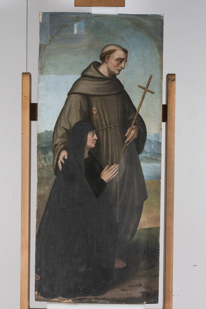 Milano, Pinacoteca di Brera, M. d'Oggiono, San Francesco e Bona Bevilacqua Trivulzio (o Antonia Pallavicini) - durante il restauro