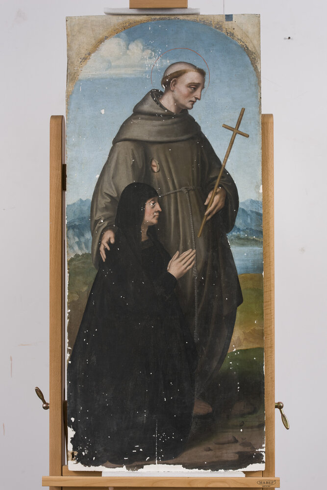 Milano, Pinacoteca di Brera, M. d'Oggiono, San Francesco e Bona Bevilacqua Trivulzio (o Antonia Pallavicini) - durante il restauro