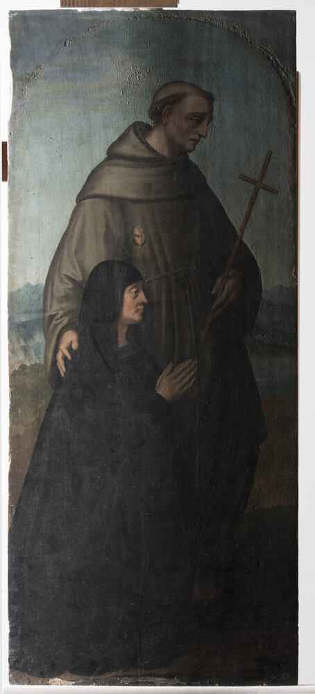 Milano, Pinacoteca di Brera, M. d'Oggiono, San Francesco e Bona Bevilacqua Trivulzio (o Antonia Pallavicini)  - durante il restauro, luce radente