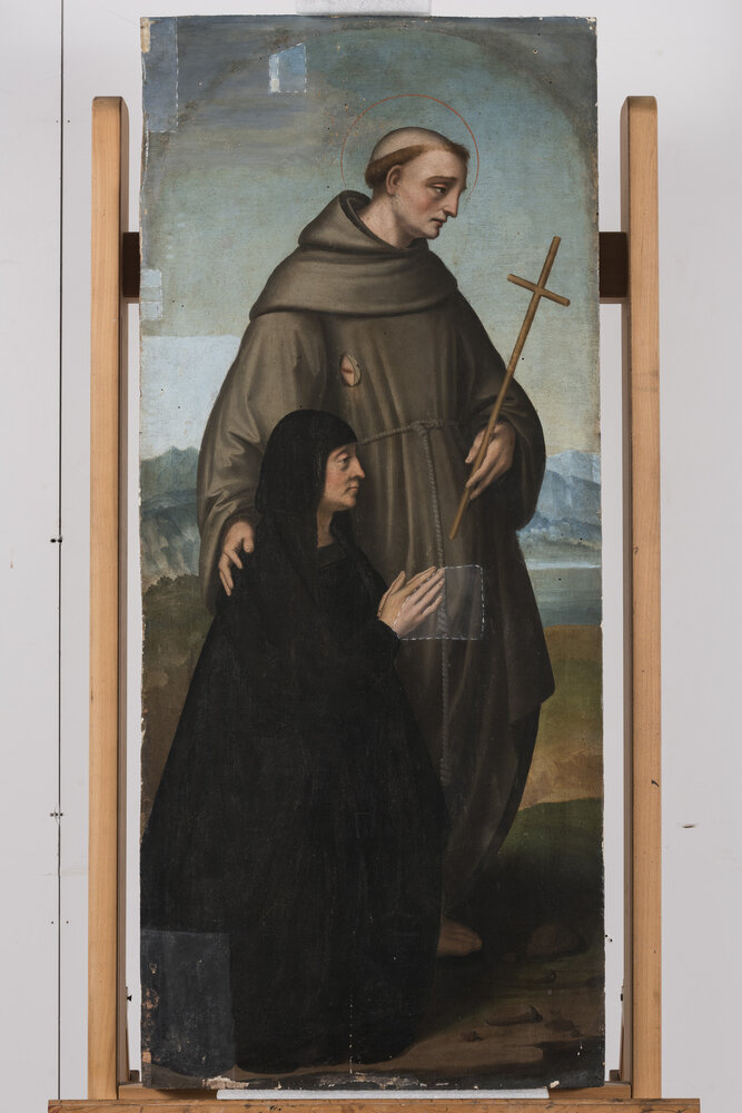 Milano, Pinacoteca di Brera, M. d'Oggiono, San Francesco e Bona Bevilacqua Trivulzio (o Antonia Pallavicini) - durante il restauro