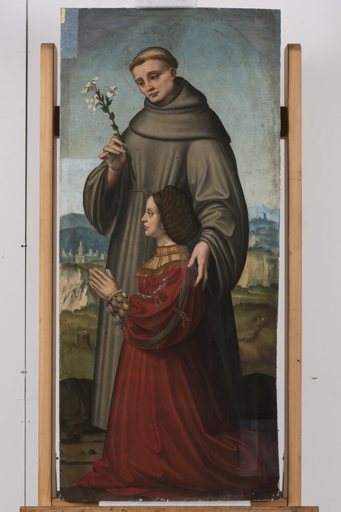 Milano, Pinacoteca di Brera, M. d'Oggiono,  Sant’Antonio da Padova e Giulia Trivulzio (o Lucia Bevilacqua) - durante il restauro