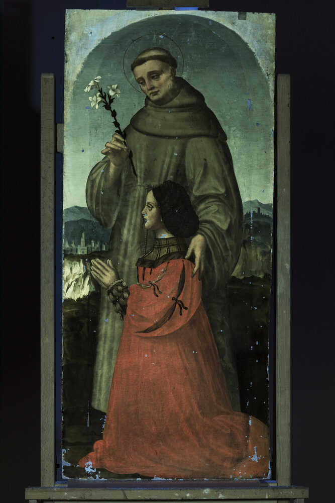 Milano, Pinacoteca di Brera, M. d'Oggiono, Sant’Antonio da Padova e Giulia Trivulzio (o Lucia Bevilacqua) - analisi UV dopo l'intervento di pulitura e stuccatura