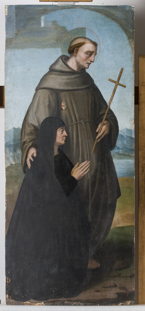 Milano, Pinacoteca di Brera, M. d'Oggiono, San Francesco e Bona Bevilacqua Trivulzio (o Antonia Pallavicini) - durante il restauro