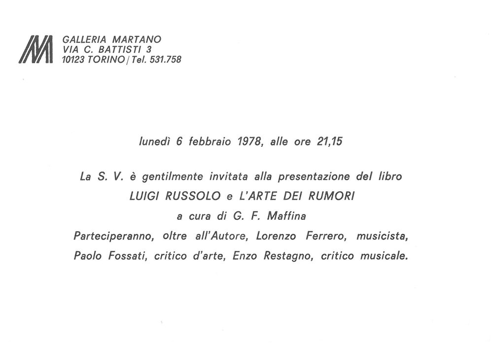 Luigi Russolo. Gennaio – Febbraio 1978