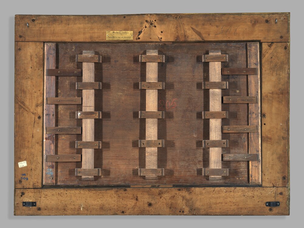 Galleria Sabauda, F. Francken II, P. V. De Vries, Dance party in a Flemish hall inv. 309, cat. 205 verse - before restoration