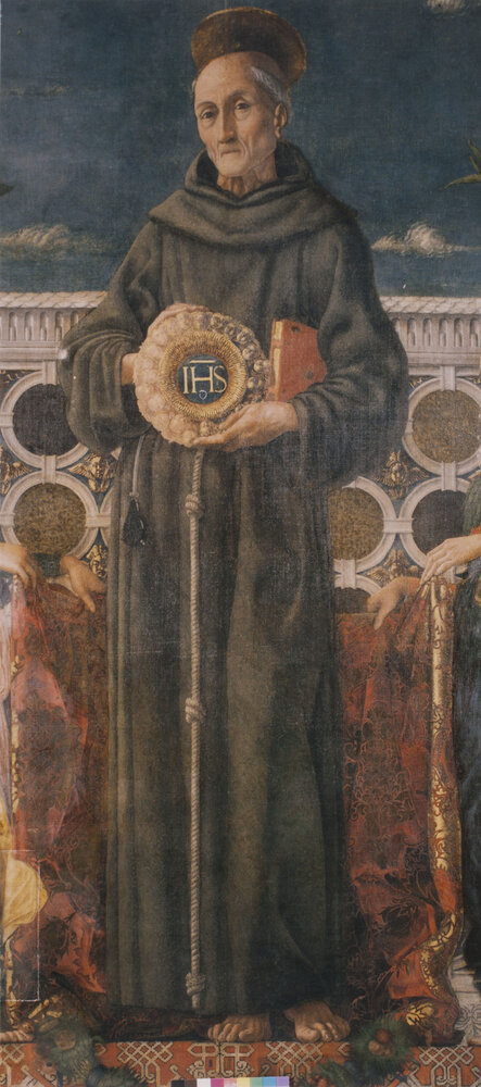 Milan, Pinacoteca di Brera, Andrea Mantegna, San Bernardino da Siena and angels, Painting on canvas