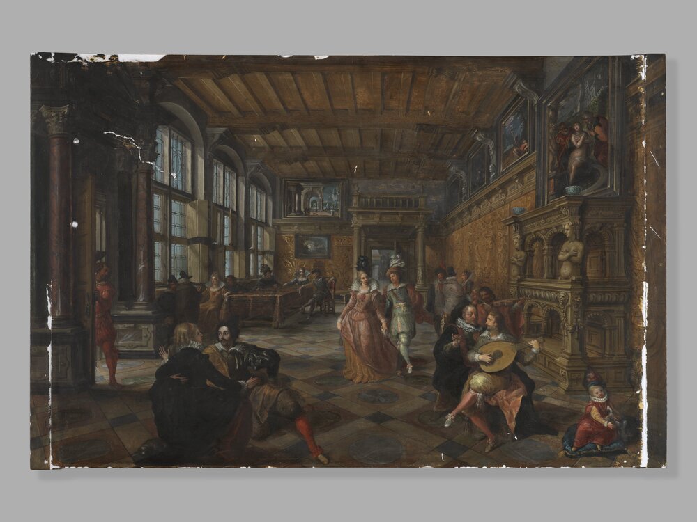 Galleria Sabauda, F. Francken II, P. V. De Vries, Dance party in a Flemish hall inv. 309, cat. 205 - during the restoration