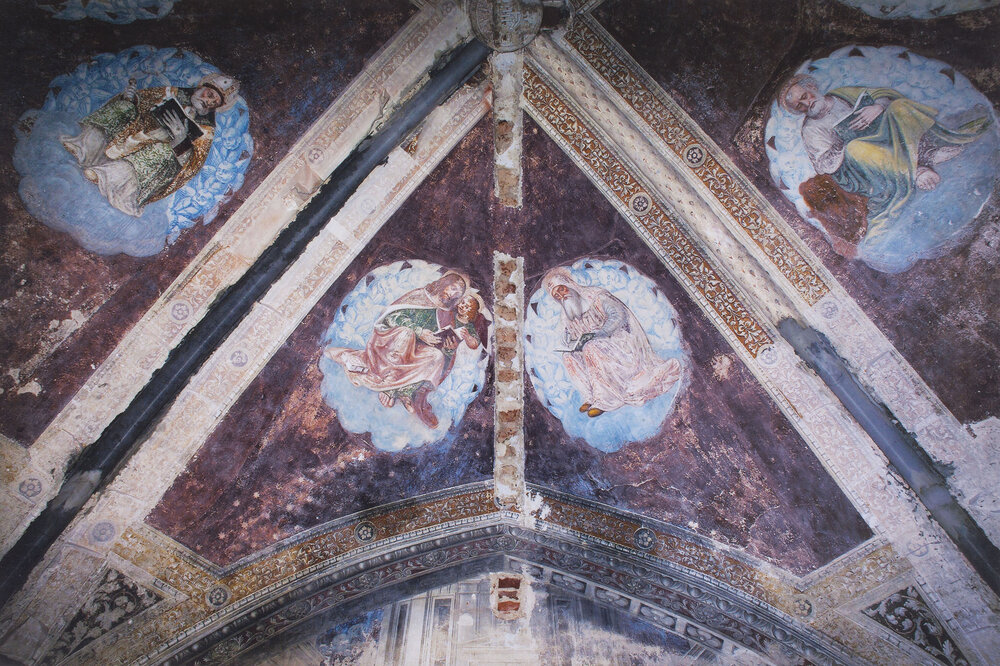Abbiategrasso, Convento dell’Annunziata, Coro, Volta, Nicola Mangone (Moietta) Quattro evangelisti, Quattro padri della Chiesa, Dipinti murali