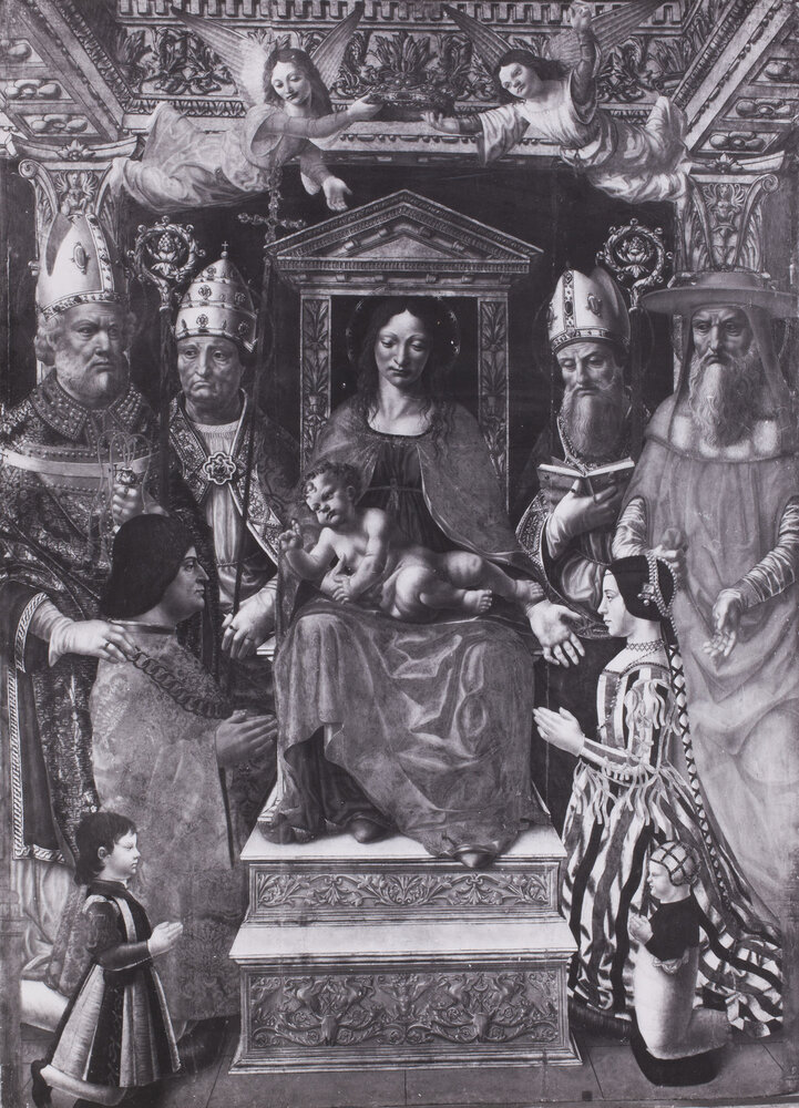 Milano, Pinacoteca di Brera, Maestro della Pala sforzesca, Madonna con Bambino in trono tra sant'Ambrogio, san Gregorio Magno, sant'Agostino, san Girolamo e la famiglia di Ludovico il Moro, Dipinto su tavola