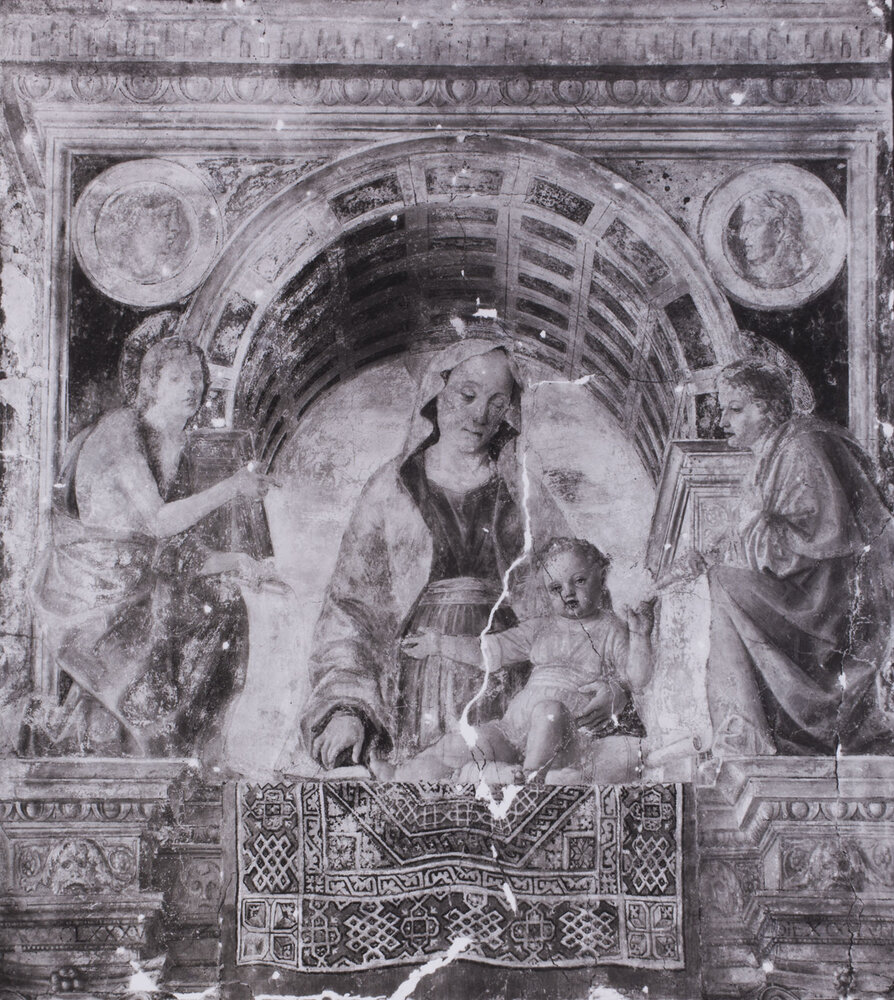 Milano, Pinacoteca di Brera, Vincenzo Foppa, Madonna con il Bambino tra i Santi Giovanni Battista e Giovanni Evangelista, Dipinto murale strappato