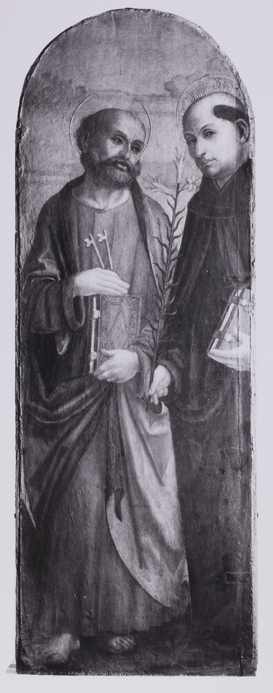 Milan, Pinacoteca Ambrosiana, Bernardino Zenale, Madonna and Child Enthroned and Donors, Saint Catherine of Alexandria and Saint John the Baptist, Saint Peter and Saint Anthony of Padua, Painting on panel