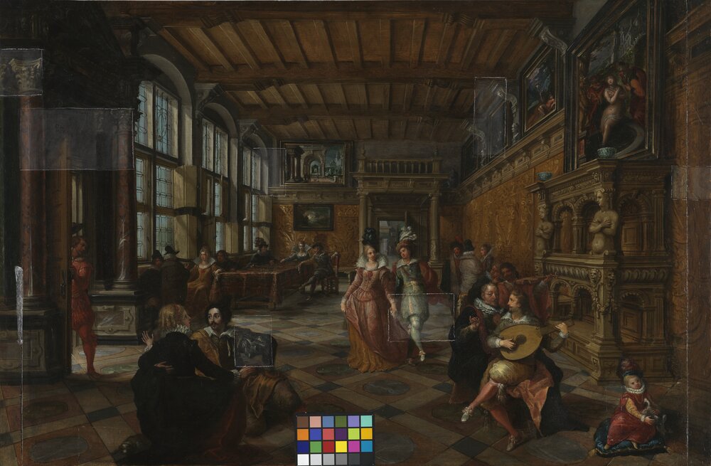 Galleria Sabauda, F. Francken II, P. V. De Vries, Dance party in a Flemish hall inv. 309, cat. 205 - during the restoration