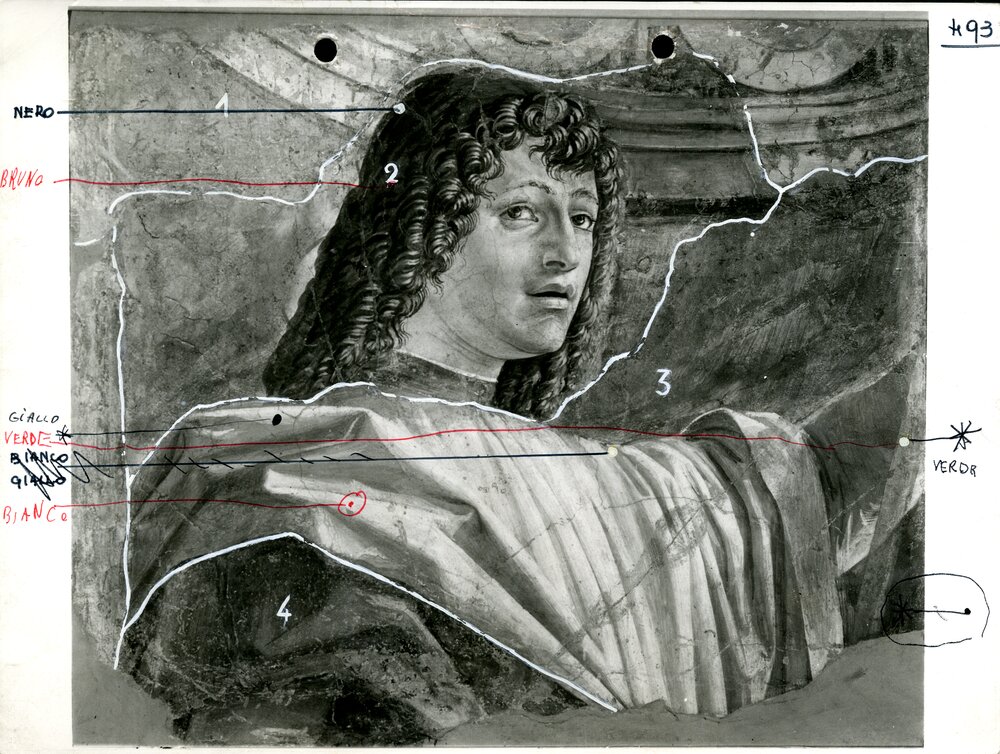 Dipinto staccato, particolare dell'Uomo dall'alabarda, mappatura con appunti sulla policromia  - (Uomo dall'alabarda, prima del restauro) - APBB_CTRS_83_2_P_001.tif