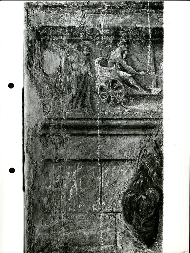 Particolare in alto a sinistra, prove di pulitura - (Eraclito e Democrito part., prima del restauro) - APBB_CTRS_83_2_P_005.tif