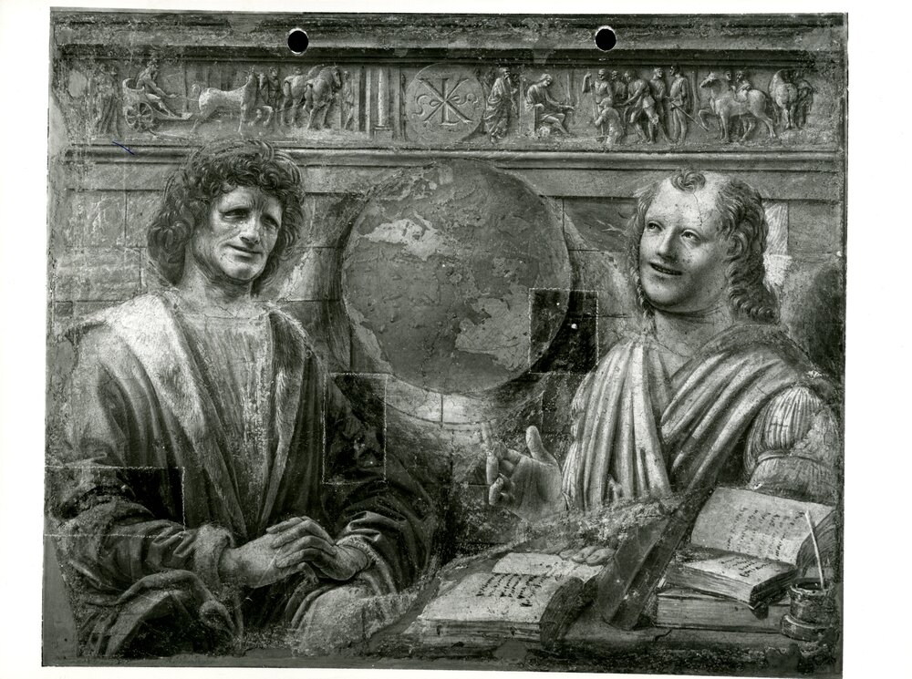 Eraclito e Democrito, prove di pulitura -	Eraclito e Democrito, prima del restauro - APBB_CTRS_83_2_P_009.tif