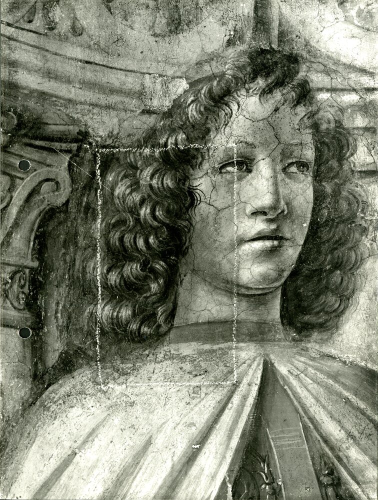 L'uomo dalla mazza, particolare del volto, tassello di pulitura - L'uomo dalla mazza, part., restauro in corso  - APBB_CTRS_83_2_P_044.tif