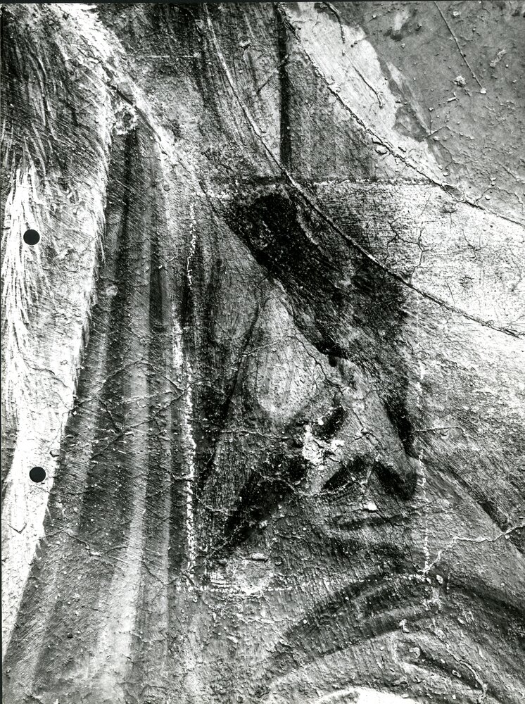 Eraclito e Democrito, particolare della spalla di Eraclito e del bordo del mappamondo - Eraclito e Democrito part., prima del restauro - APBB_CTRS_83_2_P_010.tif