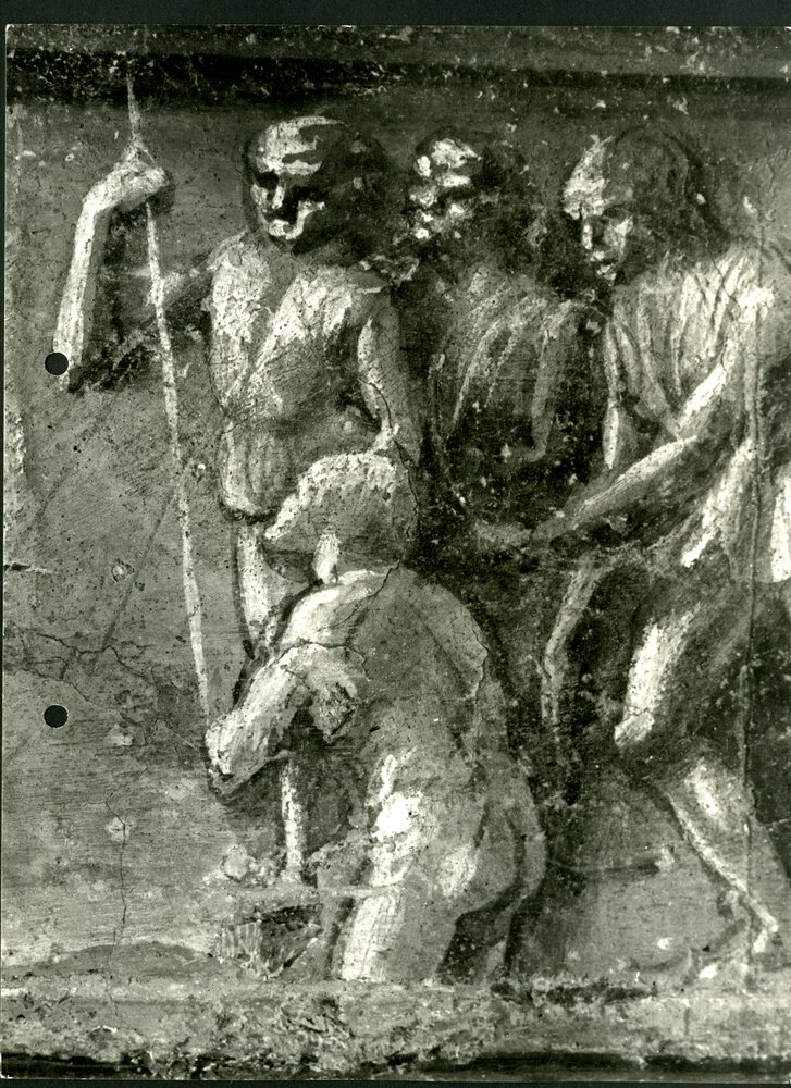 Eraclito e Democrito, part. macro uomini nella decorazione - Eraclito e Democrito, part. restauro ultimato  - APBB_CTRS_83_2_P_075.tif