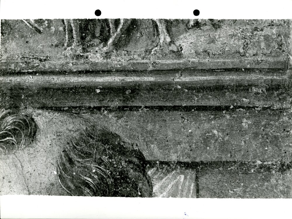 Particolare delal testa di Democrito e della decorazione - Eraclito e Democrito, part., durante il restauro  - APBB_CTRS_83_2_P_040.tif