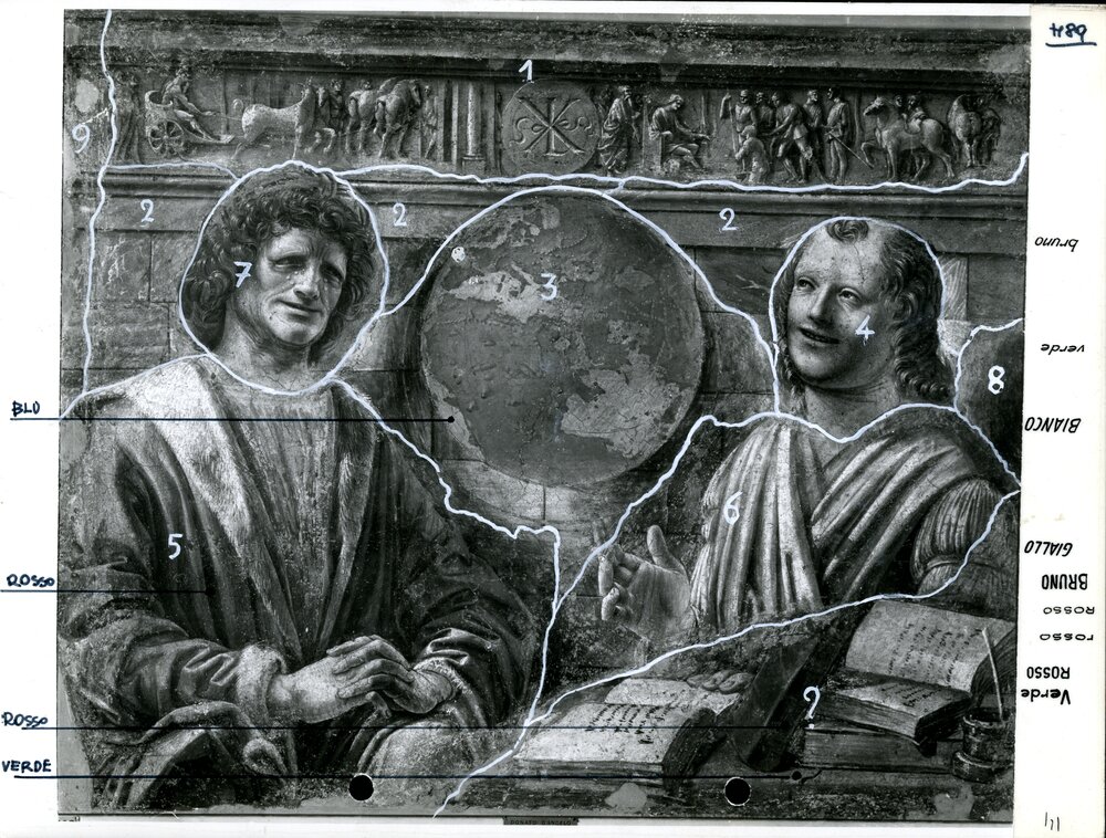 Mappatura con appunti sulla policromia - Eraclito e Democrito, prima del restauro - APBB_CTRS_83_2_P_004.tif
