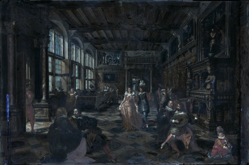 Galleria Sabauda, F. Francken II, P. V. De Vries, Dance party in a Flemish hall inv. 309, cat. 205 - UV analysis