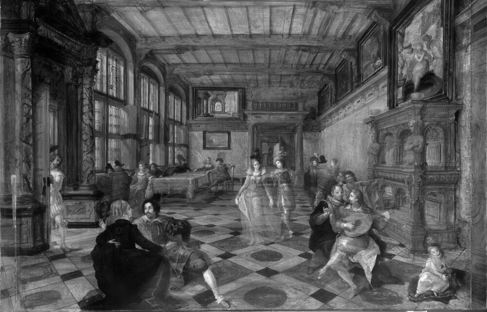 Galleria Sabauda, F. Francken II, P. V. De Vries, Dance party in a Flemish hall inv. 309, cat. 205 - IR analysis